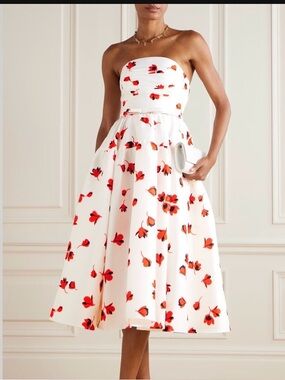 Self-Portrait White Strapless Midi Dress with Red and Orange Floral Print